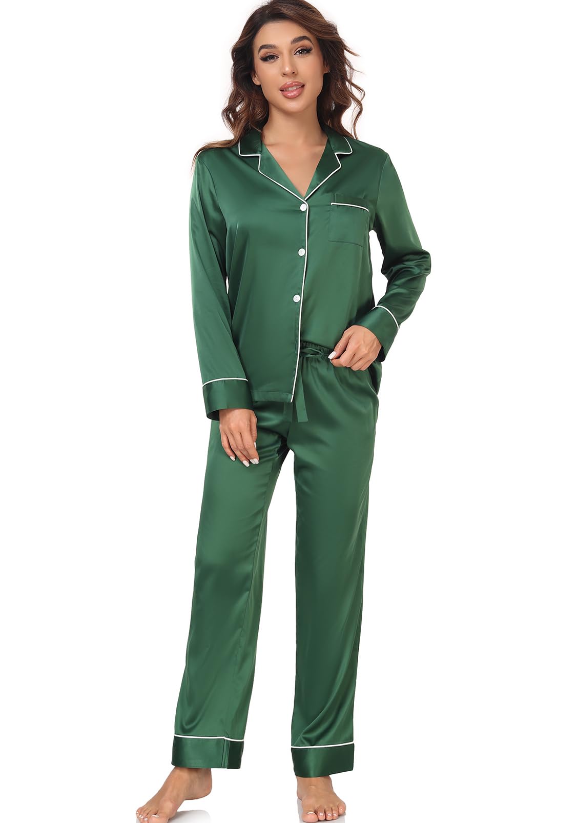 Women's Satin Pajama Set Long Sleeve Button Down Sleepwear 2-Piece Silky Pj Set-41