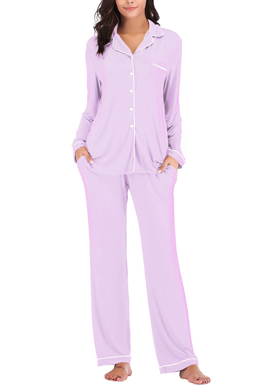 Aamikast Women's Pajama Sets Long Sleeve Button Down Sleepwear Nightwear Soft Pjs Lounge Sets-8