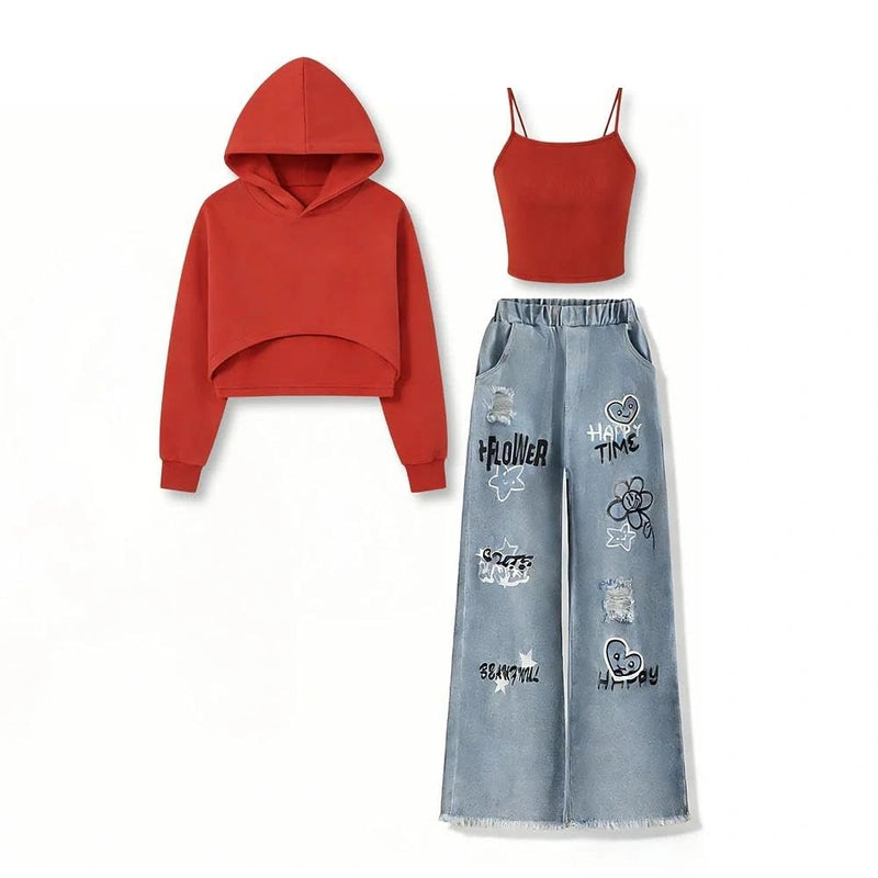 Voxikidio Size 5-10 Years Girls 3PCS Fashion Outfits Set - Cropped Hoodie + Cami Top + Printed Jeans 3-Piece Set-11