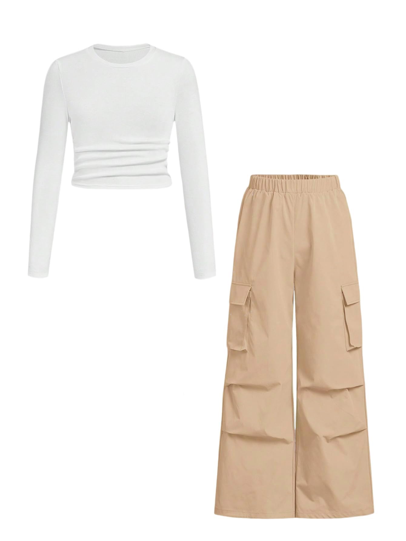 Azmxynol Girls Clothes 2 Piece Outfit Ribbed T-Shirt Top + Cargo Pants, Girls Fall Clothing Set, Sizes 5-16 Years