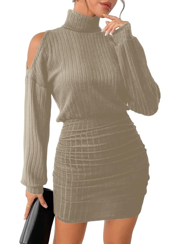 Women's Pullover Sweater Dress Long Lantern Sleeve Turtle Neck Cute Ribbed Knit Bodycon Mini Short Dress 2025 Fall-70