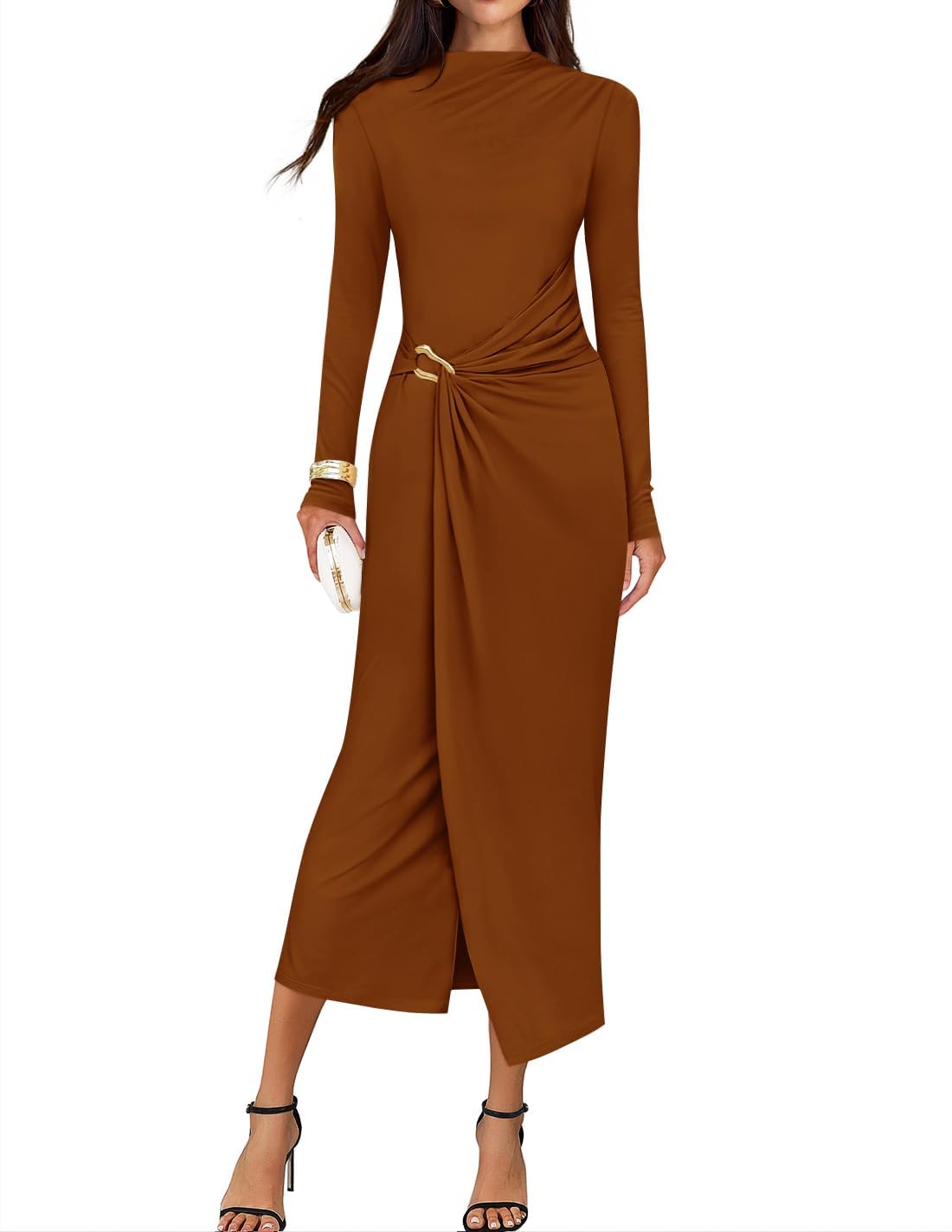 ZESICA Women's 2026 Fall Long Sleeve Bodycon Dress Mock Neck Wedding Guest Cocktail Party Long Midi Dresses-47