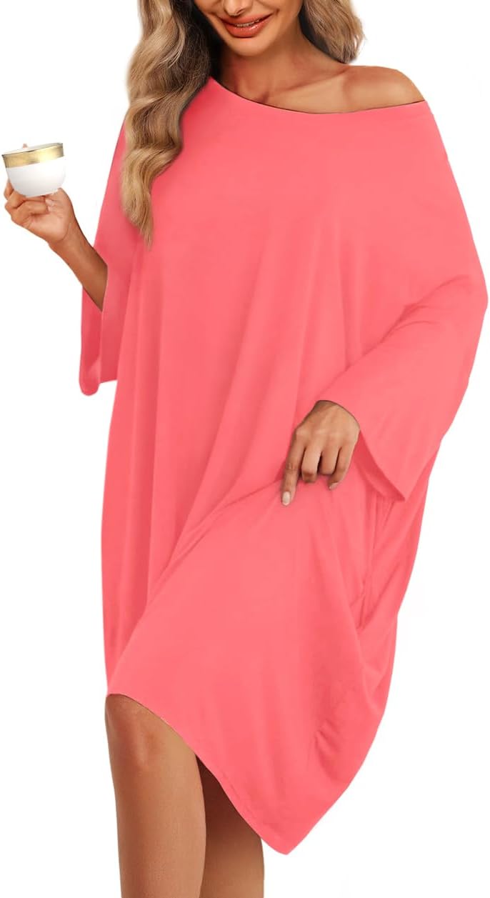 KFUBUO Plus Size Nightgowns for Women Oversized Sleep Tshirts Dress Short Sleeves Sleepwear With Pocket Fit S-5XL-12