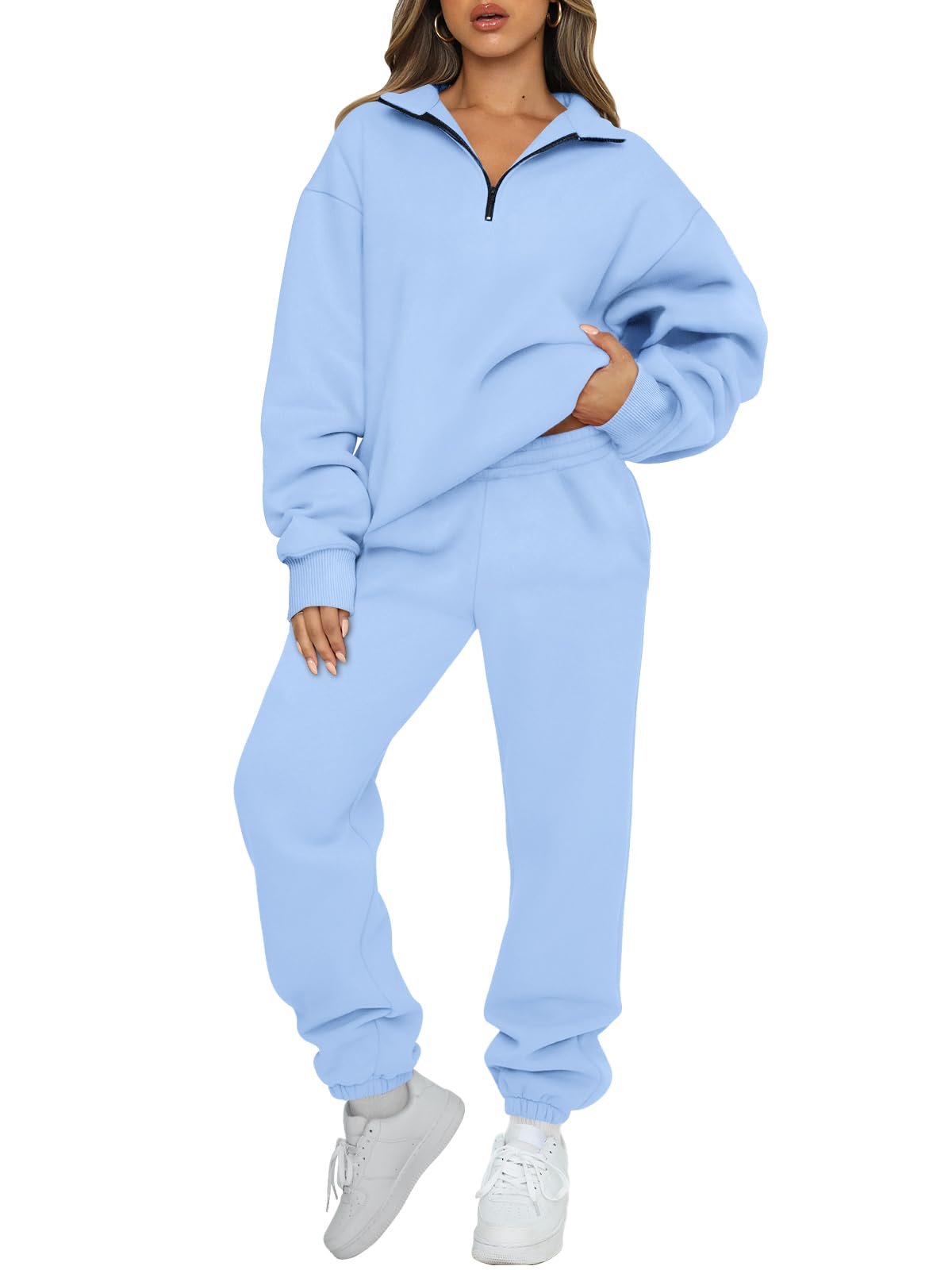 AUTOMET Women's Sweatsuits 2 Piece Outfits Lounge Sets Long Sleeve Half Zip Pullover and Baggy Sweatpants with Pockets-4