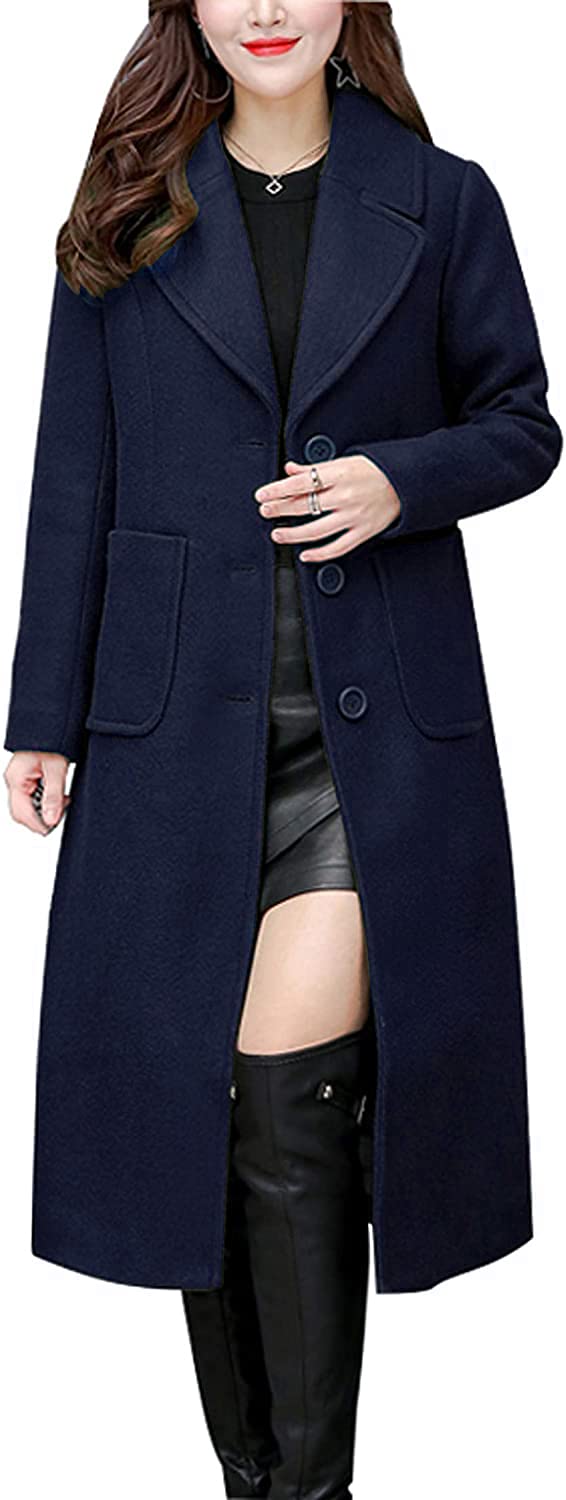 chouyatou Women's Big Notch Lapel Single Breasted Mid-Long Wool Blend Coat-13