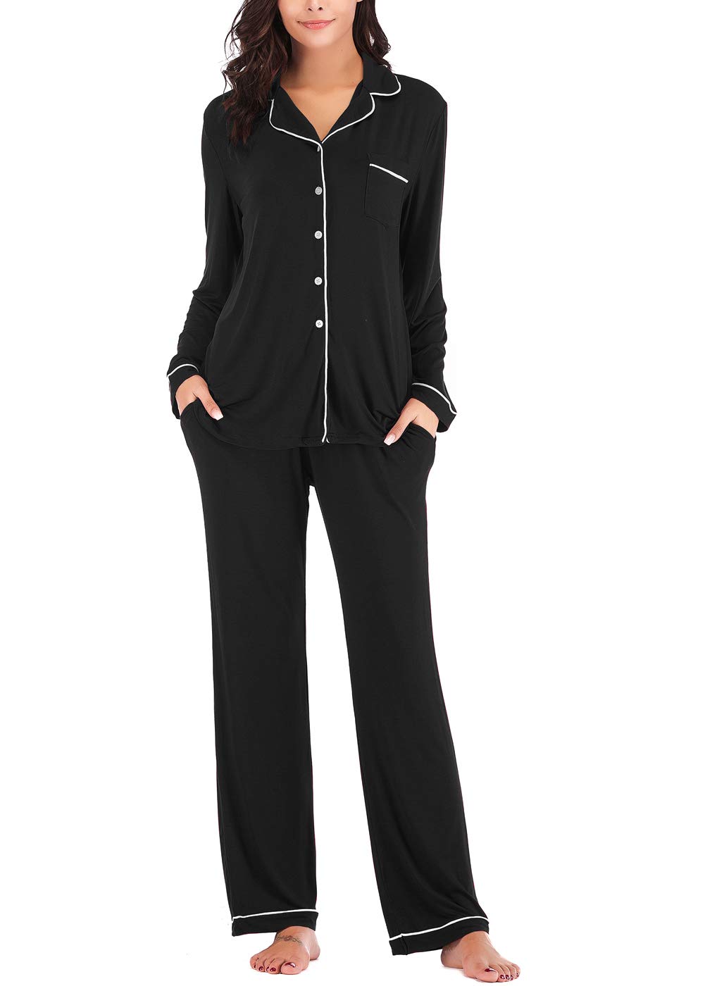 Aamikast Women's Pajama Sets Long Sleeve Button Down Sleepwear Nightwear Soft Pjs Lounge Sets-82