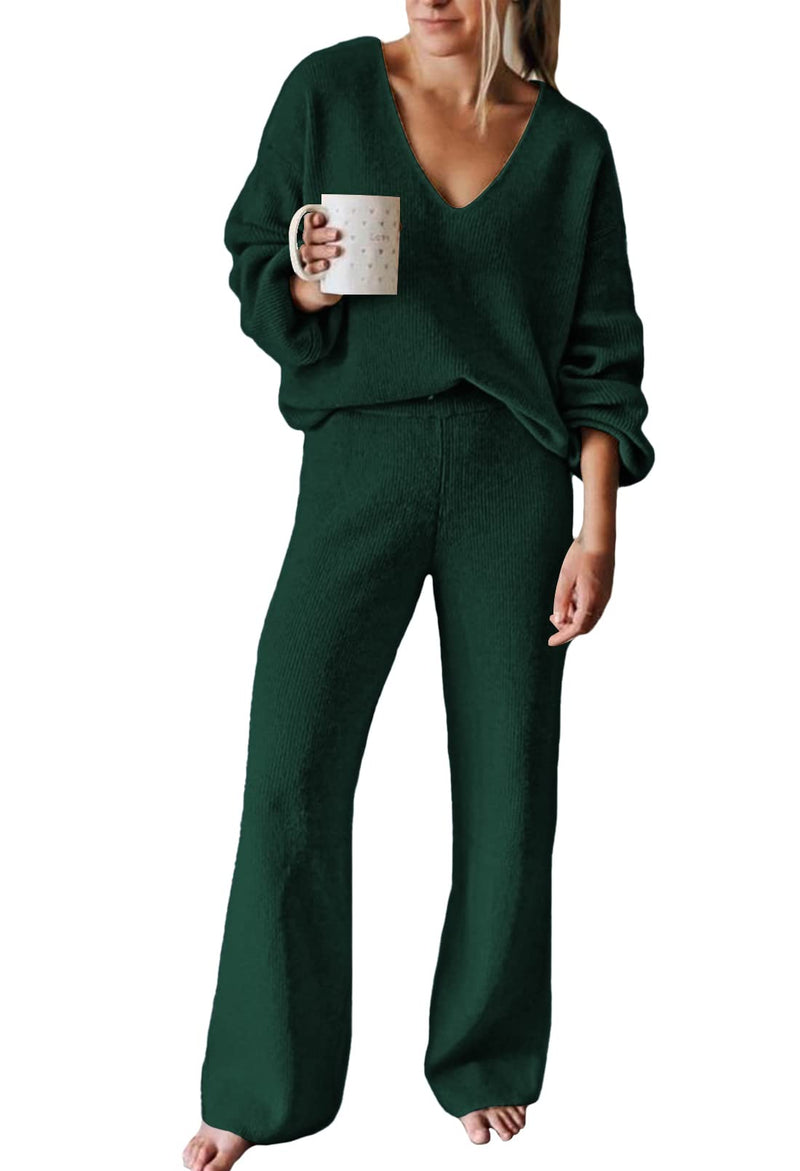 Viottiset Women's 2 Piece Outfits Casual V Neck Knit Wide Leg Sweater Lounge Set Sweatsuit-69