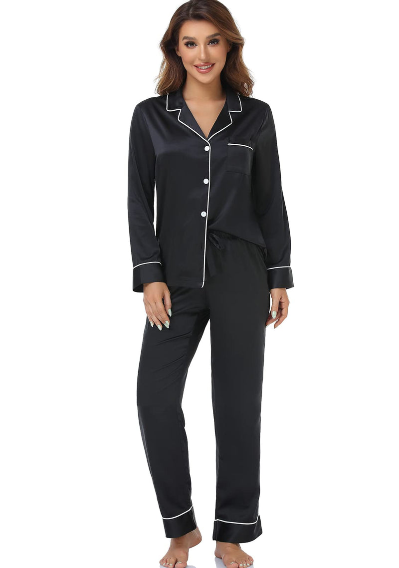 Women's Satin Pajama Set Long Sleeve Button Down Sleepwear 2-Piece Silky Pj Set-18