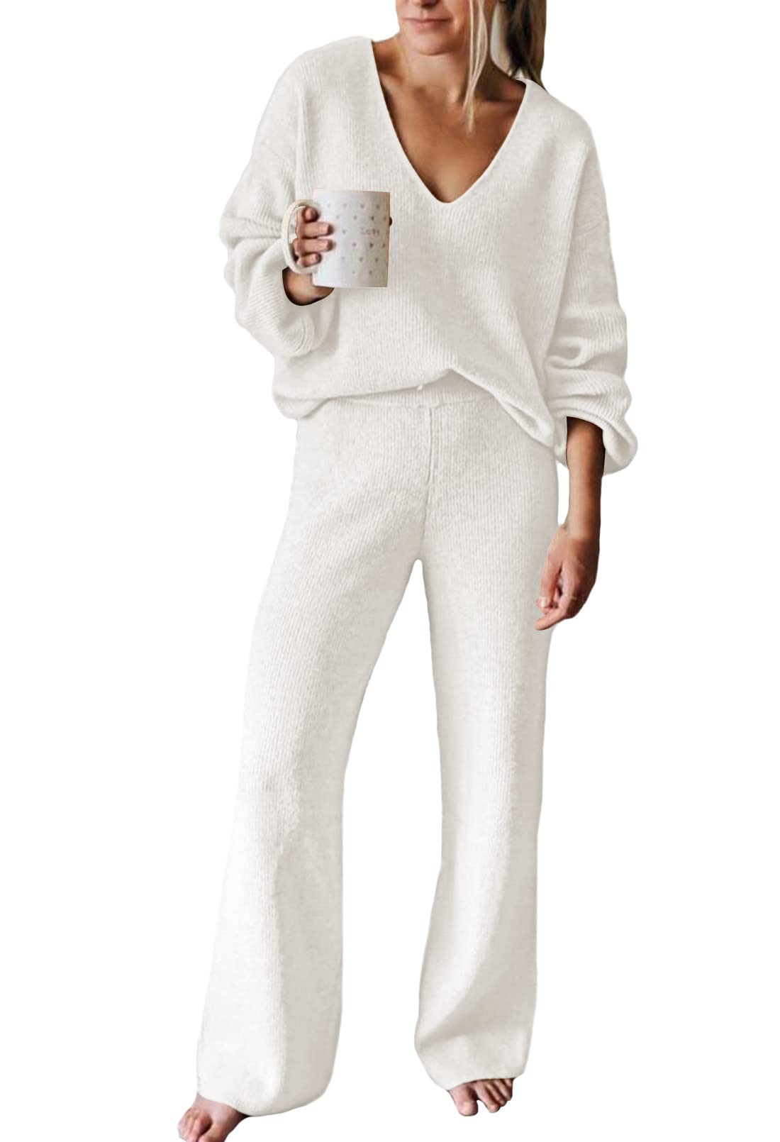 Viottiset Women's 2 Piece Outfits Casual V Neck Knit Wide Leg Sweater Lounge Set Sweatsuit-59