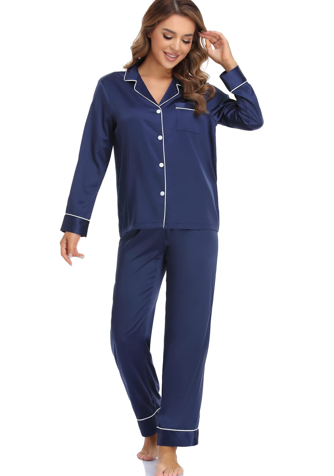 Women's Satin Pajama Set Long Sleeve Button Down Sleepwear 2-Piece Silky Pj Set-54