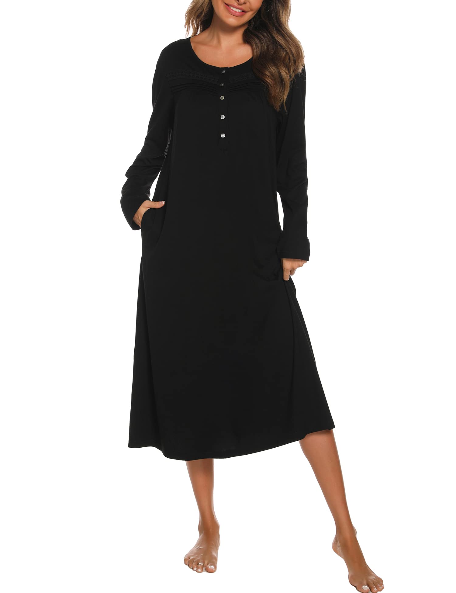 YOZLY Nightgowns for Women Soft Cotton Long Sleeve Night Gwon with Pockets-66