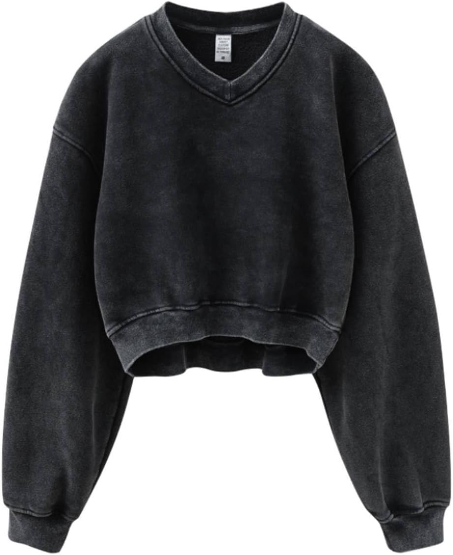 Hatant Sweatshirt for Women Acid Wash Athletic Hoodie Heritage Fleece V-neck Long Sleeve Hoodie Fleece Women Sweatshirt-8