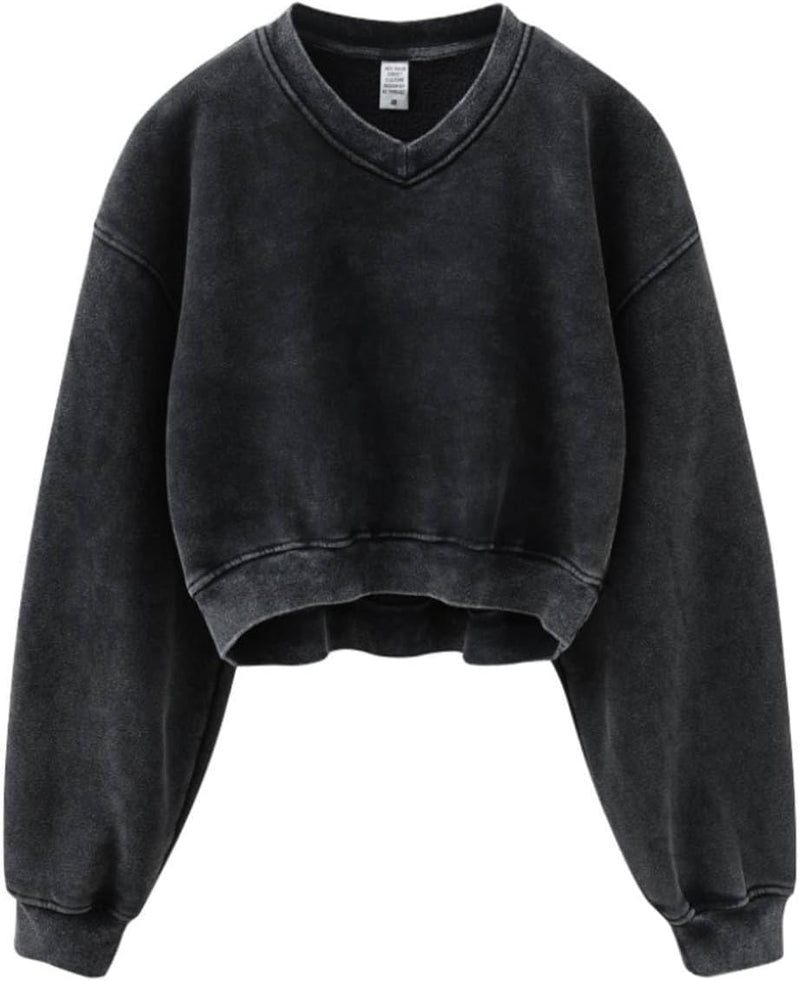 Hatant Sweatshirt for Women Acid Wash Athletic Hoodie Heritage Fleece V-neck Long Sleeve Hoodie Fleece Women Sweatshirt-32