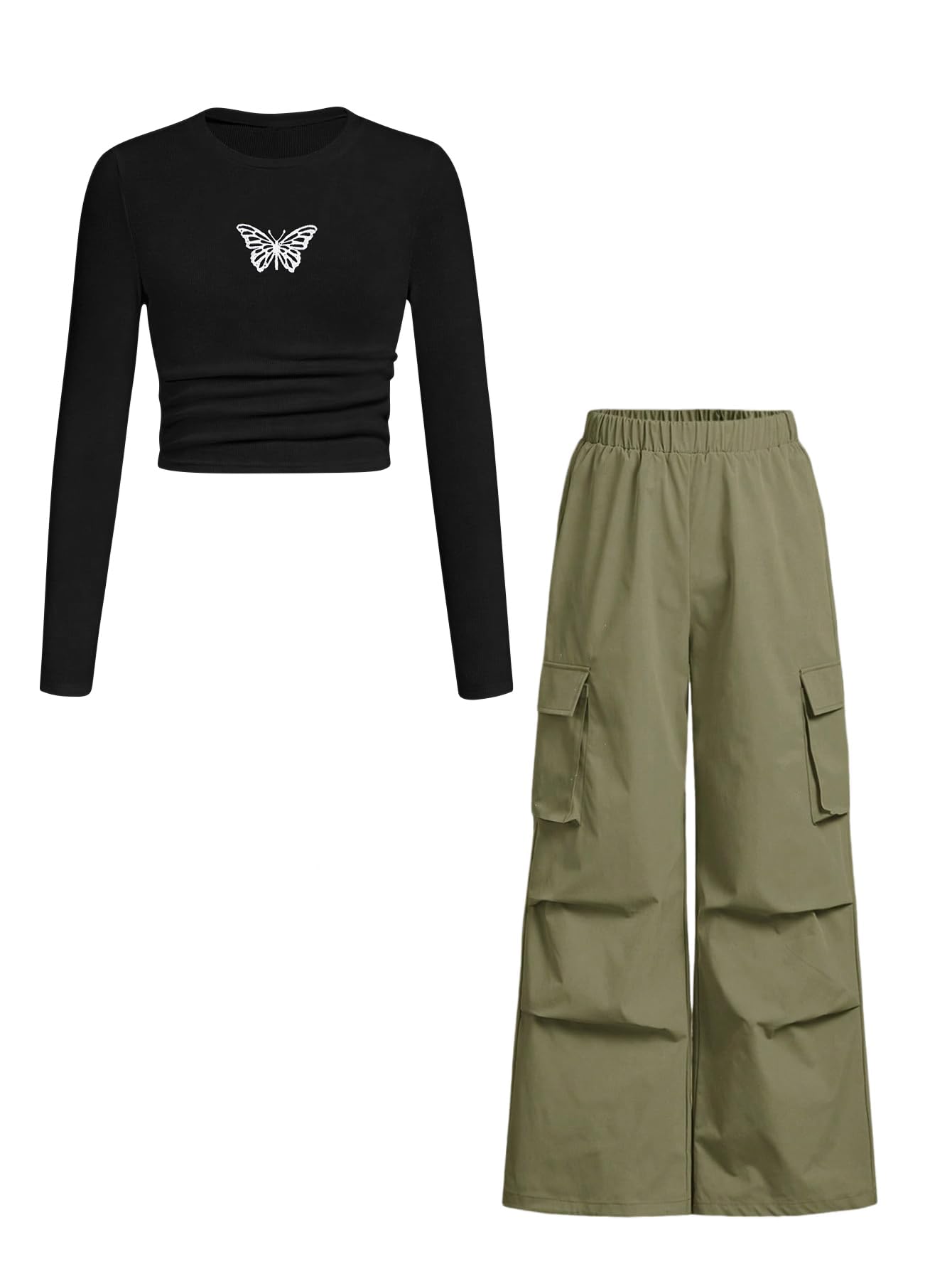 Azmxynol Girls Clothes 2 Piece Outfit Ribbed T-Shirt Top + Cargo Pants, Girls Fall Clothing Set, Sizes 5-16 Years