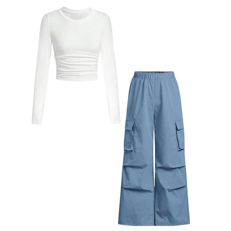 Azmxynol Girls Clothes 2 Piece Outfit Ribbed T-Shirt Top + Cargo Pants, Girls Fall Clothing Set, Sizes 5-16 Years