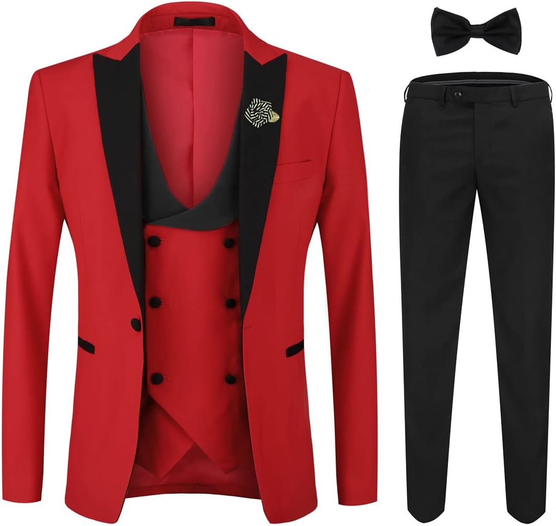 YFFUSHI Men's 3 Piece Suit Slim Fit One Button Prom Suits Set Blazer Vest Trousers-36