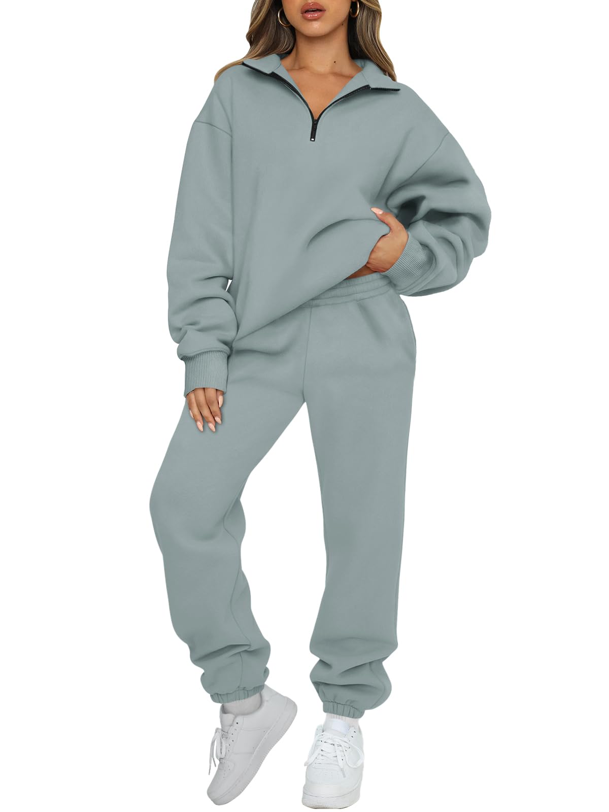 AUTOMET Women's Sweatsuits 2 Piece Outfits Lounge Sets Long Sleeve Half Zip Pullover and Baggy Sweatpants with Pockets-35