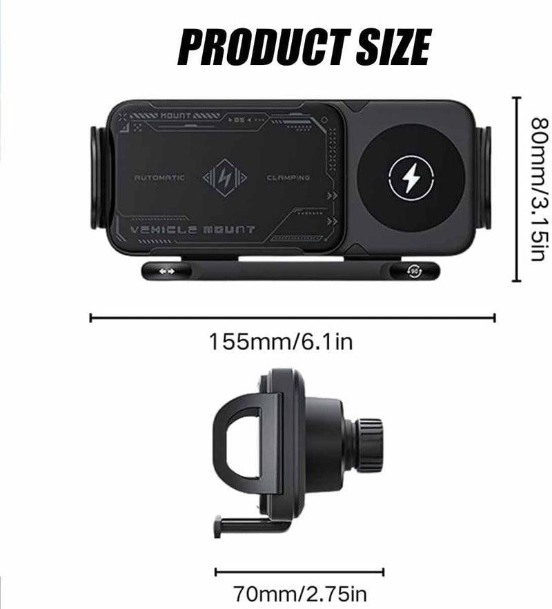 High Intelligent 2 in 1 Auto Rotating Car Charger Cell Phone/Pad Holder, One-Touch Rotatable Car Vent Mount for Smartphone/Pad/Foldable Phone (Black)
