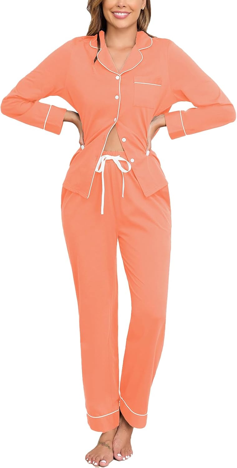 Veseacky 100% Cotton Pajamas for Women Set Long Sleeve Button Down Sleepwear Soft Pjs Lounge Sets with Pockets XS-XXL-20