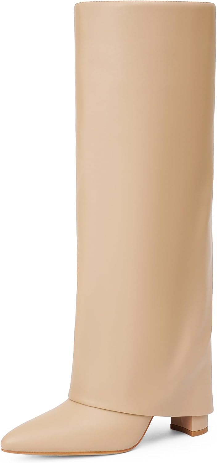 Modatope Knee High Boots Women Fold Over Knee High Boots Chunky High Heels Long Boots Zipper Pointed Toe Dress Tall Boots for Women-99