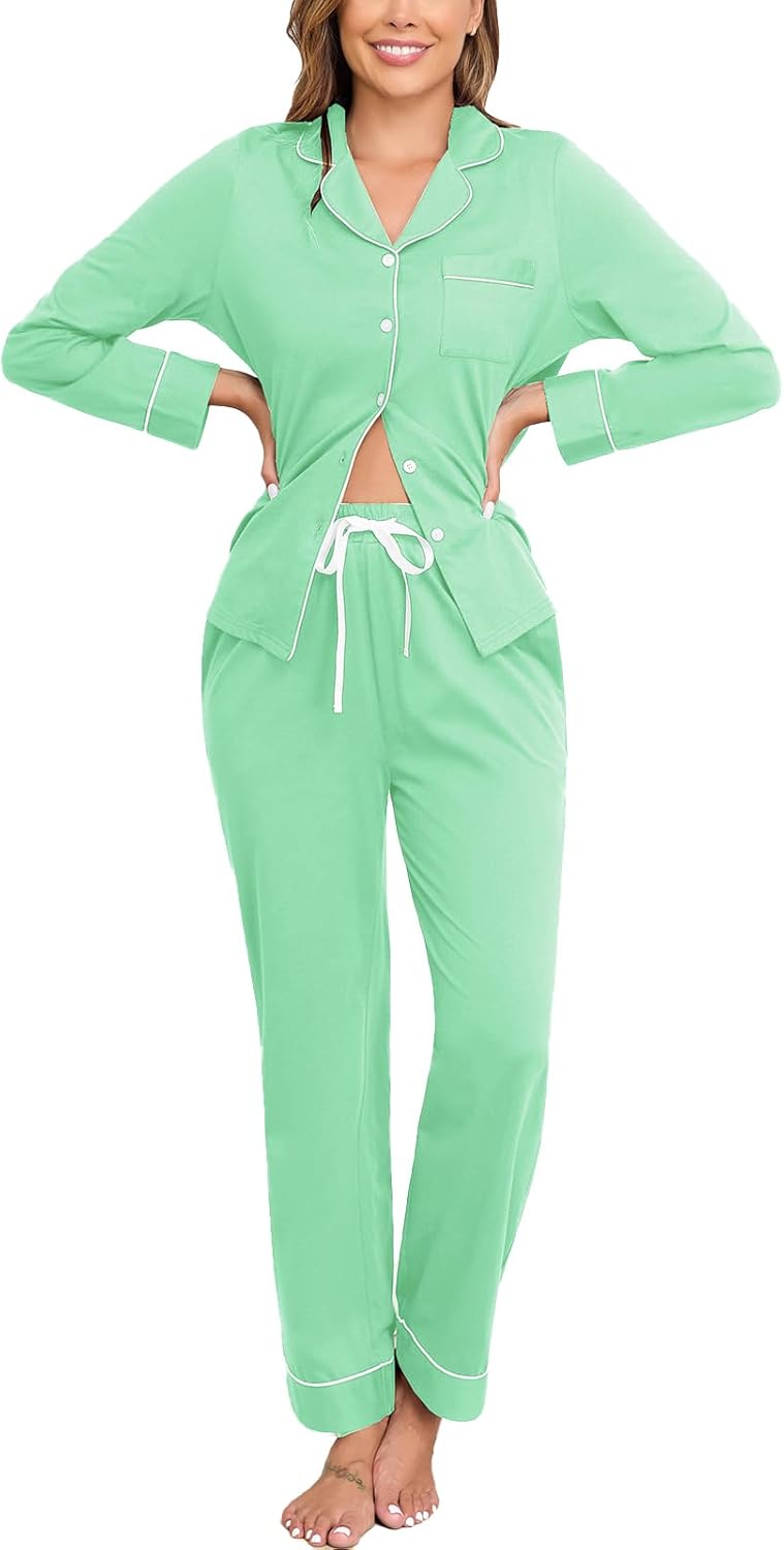 Veseacky 100% Cotton Pajamas for Women Set Long Sleeve Button Down Sleepwear Soft Pjs Lounge Sets with Pockets XS-XXL-29