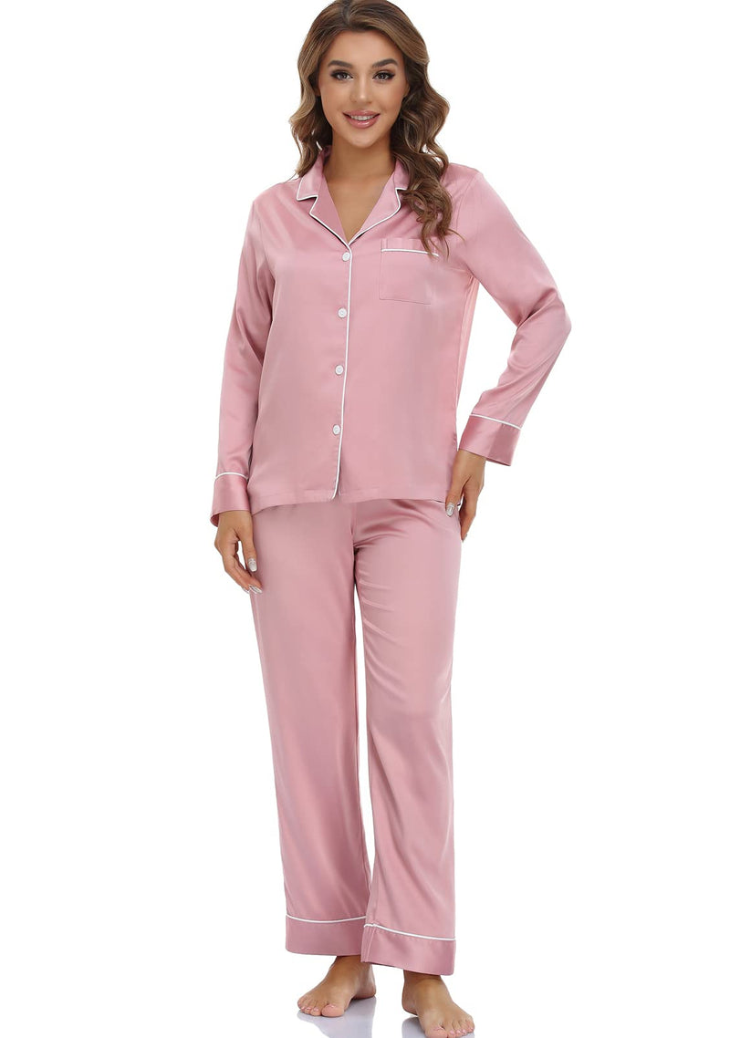 Women's Satin Pajama Set Long Sleeve Button Down Sleepwear 2-Piece Silky Pj Set-92