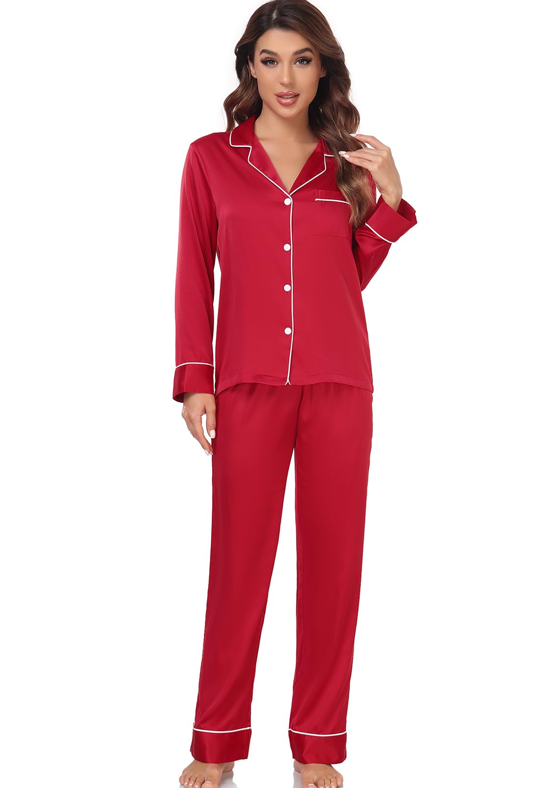Women's Satin Pajama Set Long Sleeve Button Down Sleepwear 2-Piece Silky Pj Set-49