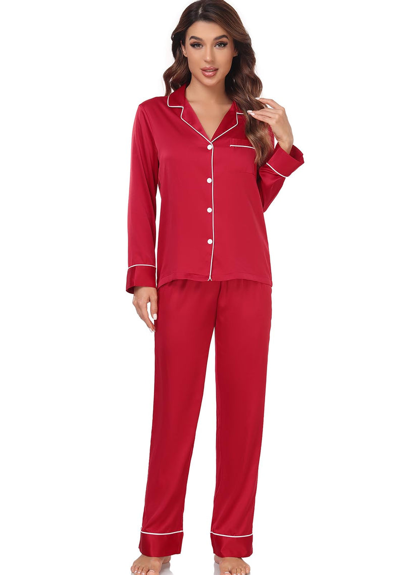 Women's Satin Pajama Set Long Sleeve Button Down Sleepwear 2-Piece Silky Pj Set-71