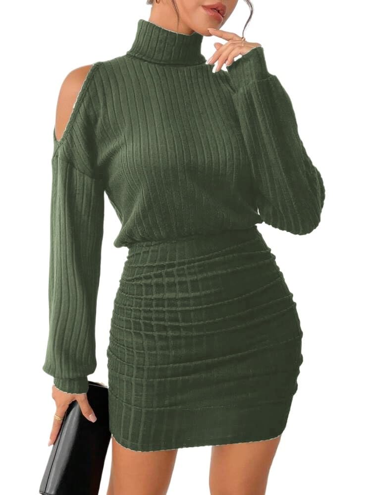 Women's Pullover Sweater Dress Long Lantern Sleeve Turtle Neck Cute Ribbed Knit Bodycon Mini Short Dress 2025 Fall-13