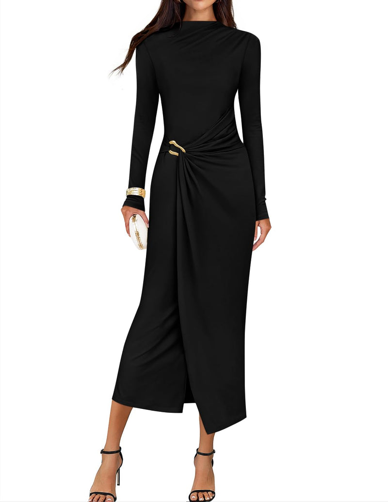 ZESICA Women's 2026 Fall Long Sleeve Bodycon Dress Mock Neck Wedding Guest Cocktail Party Long Midi Dresses-27