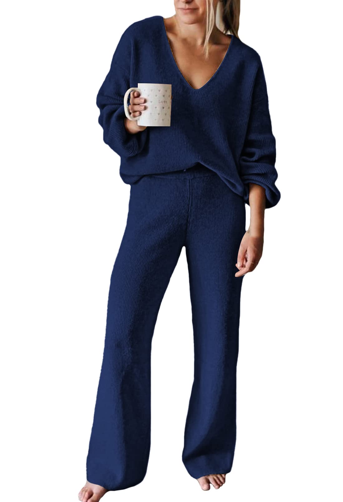 Viottiset Women's 2 Piece Outfits Casual V Neck Knit Wide Leg Sweater Lounge Set Sweatsuit-18