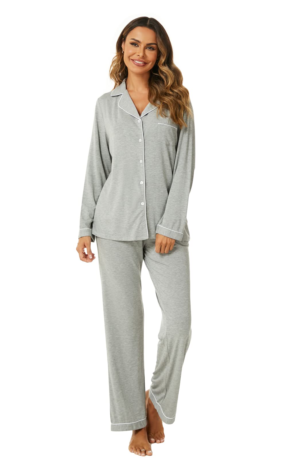 Aamikast Women's Pajama Sets Long Sleeve Button Down Sleepwear Nightwear Soft Pjs Lounge Sets-56