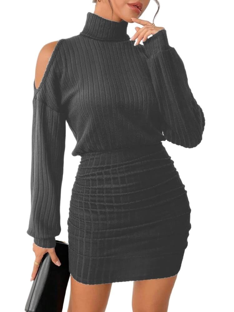 Women's Pullover Sweater Dress Long Lantern Sleeve Turtle Neck Cute Ribbed Knit Bodycon Mini Short Dress 2025 Fall-40
