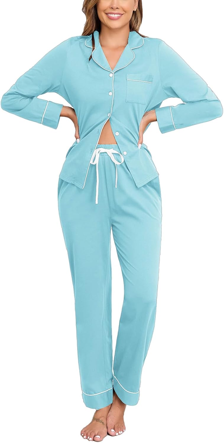 Veseacky 100% Cotton Pajamas for Women Set Long Sleeve Button Down Sleepwear Soft Pjs Lounge Sets with Pockets XS-XXL-72