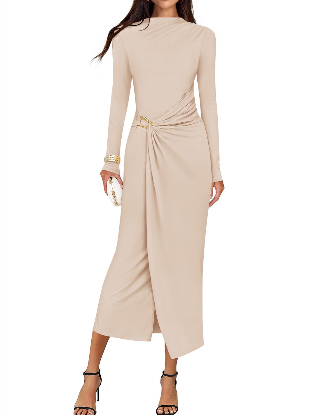 ZESICA Women's 2026 Fall Long Sleeve Bodycon Dress Mock Neck Wedding Guest Cocktail Party Long Midi Dresses-25