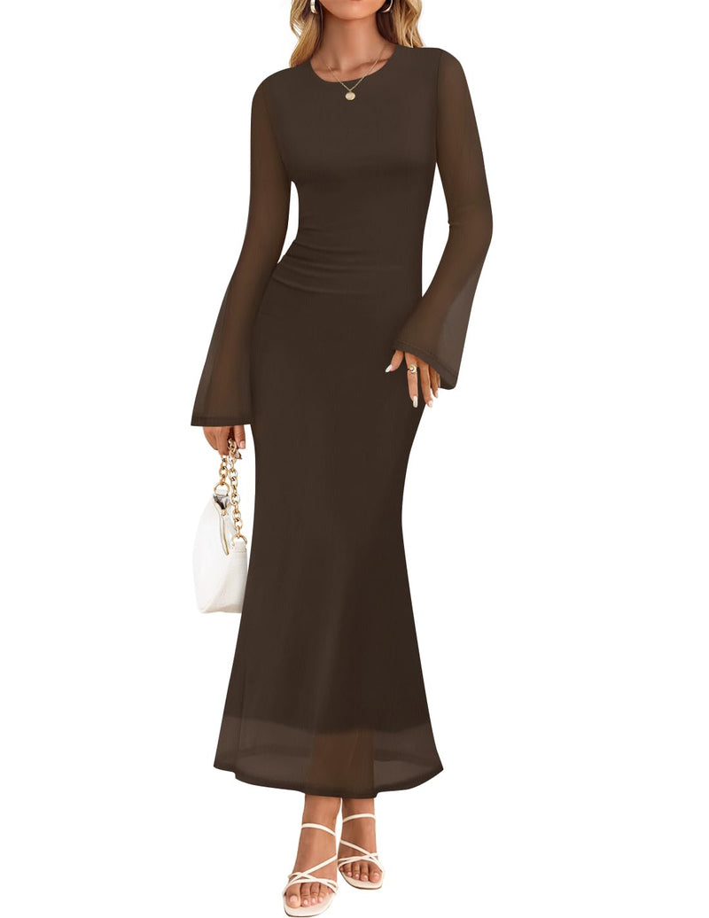 ZESICA Women's Long Sleeve Floral Bodycon Dress 2026 Spring Fall Ruched Mesh Wedding Guest Cocktail Party Maxi Dresses-35