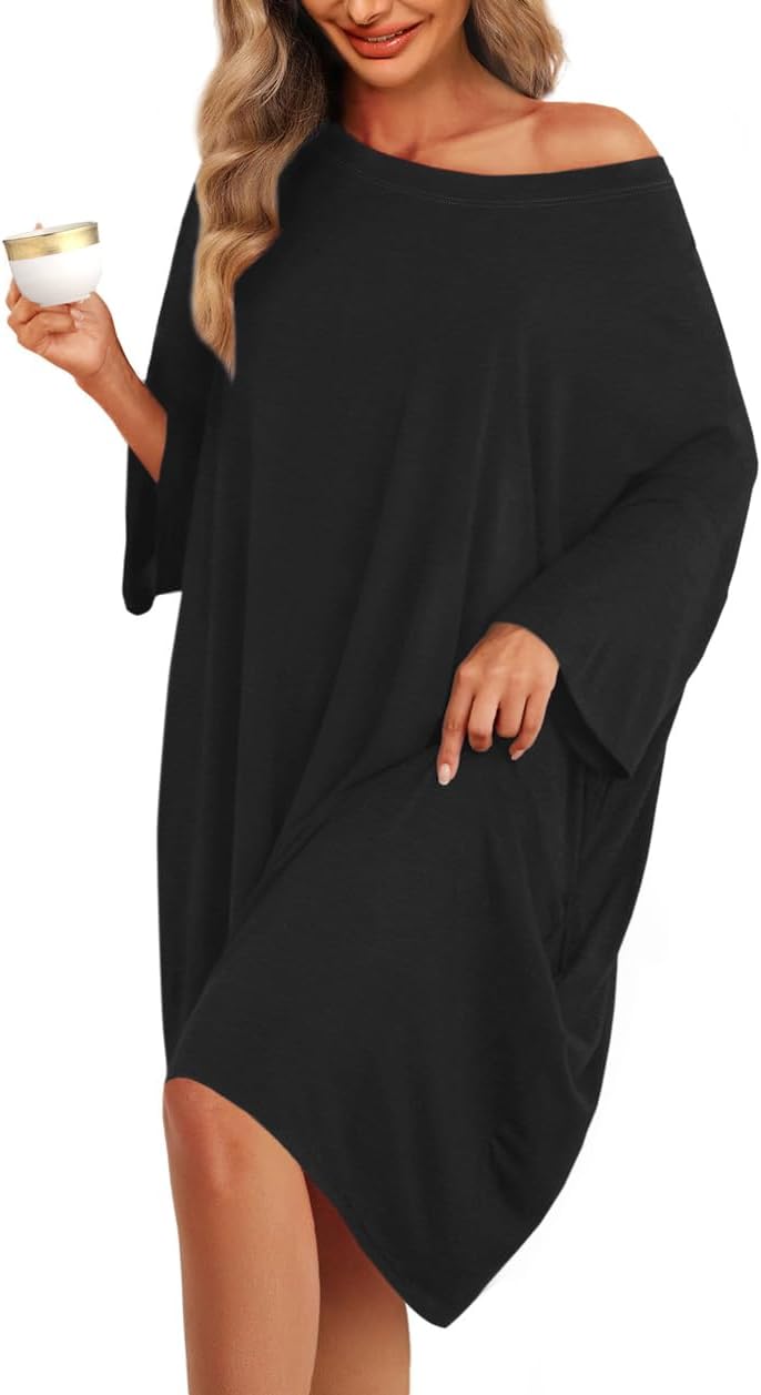 KFUBUO Plus Size Nightgowns for Women Oversized Sleep Tshirts Dress Short Sleeves Sleepwear With Pocket Fit S-5XL-16