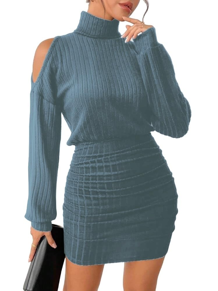 Women's Pullover Sweater Dress Long Lantern Sleeve Turtle Neck Cute Ribbed Knit Bodycon Mini Short Dress 2025 Fall-8