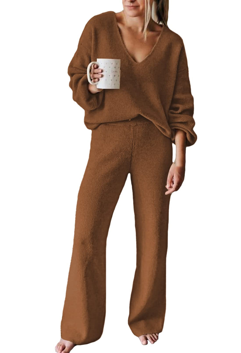 Viottiset Women's 2 Piece Outfits Casual V Neck Knit Wide Leg Sweater Lounge Set Sweatsuit-39