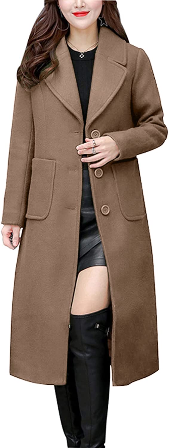 chouyatou Women's Big Notch Lapel Single Breasted Mid-Long Wool Blend Coat-37