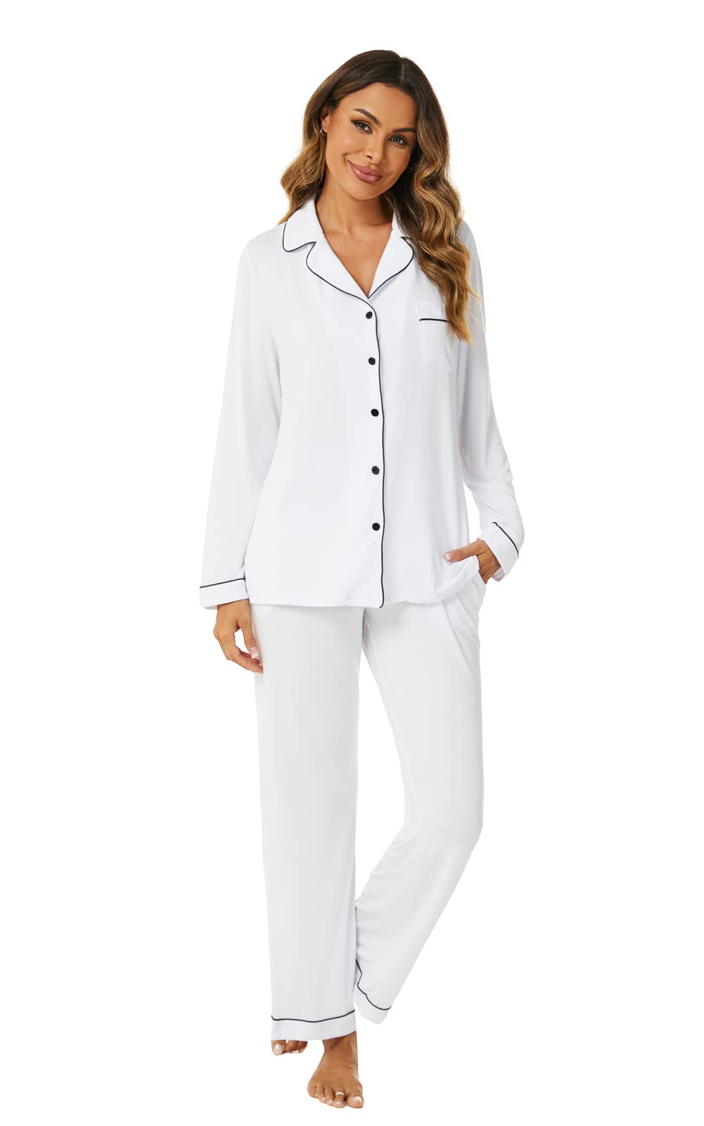 Aamikast Women's Pajama Sets Long Sleeve Button Down Sleepwear Nightwear Soft Pjs Lounge Sets-40