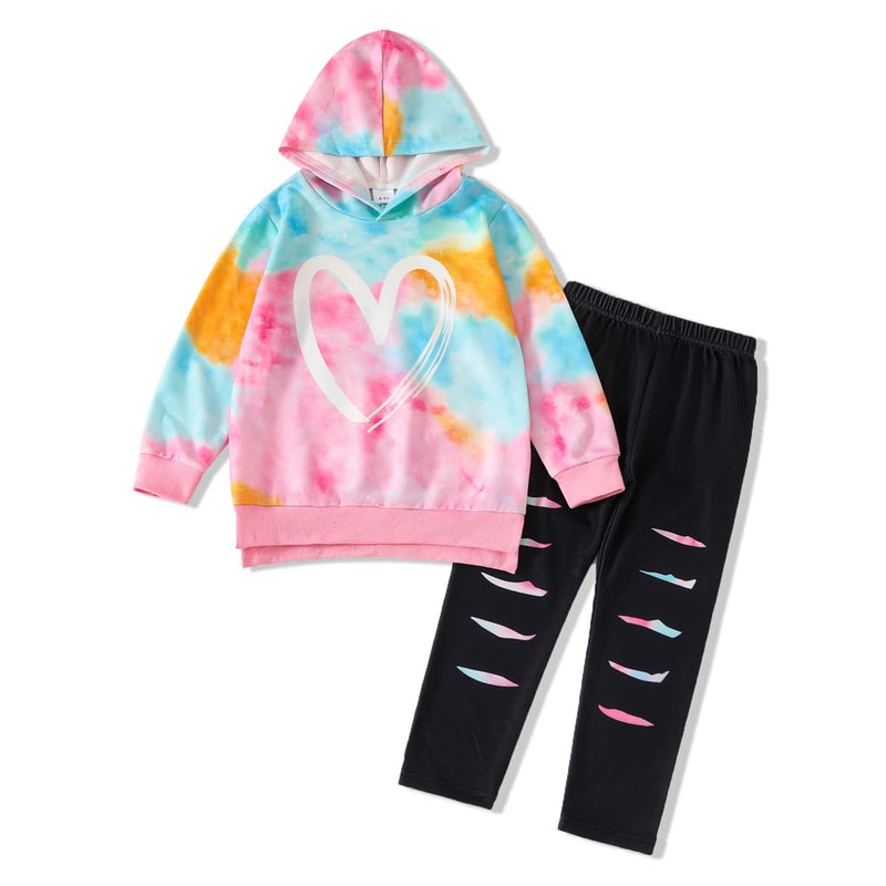 Toddler Baby Girls Clothes Long-sleeve Tie Dye Hoodie Pullover and Sweatpants Heart Print Hooded Outfits Set