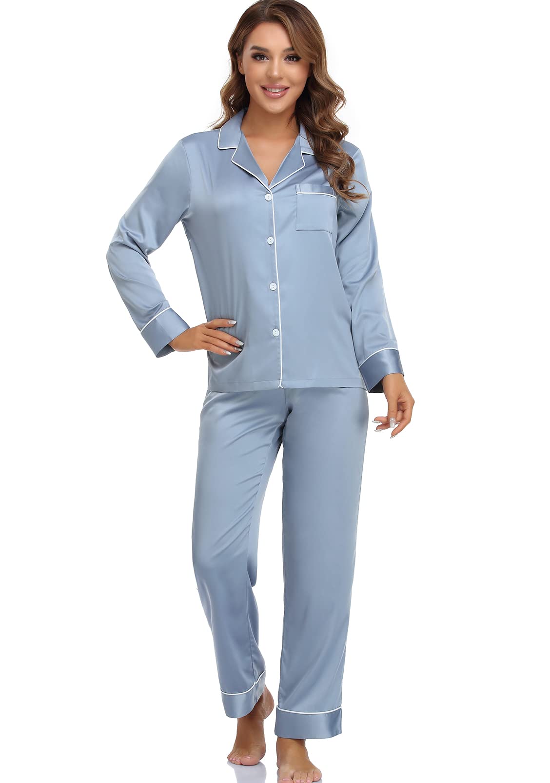 Women's Satin Pajama Set Long Sleeve Button Down Sleepwear 2-Piece Silky Pj Set-55