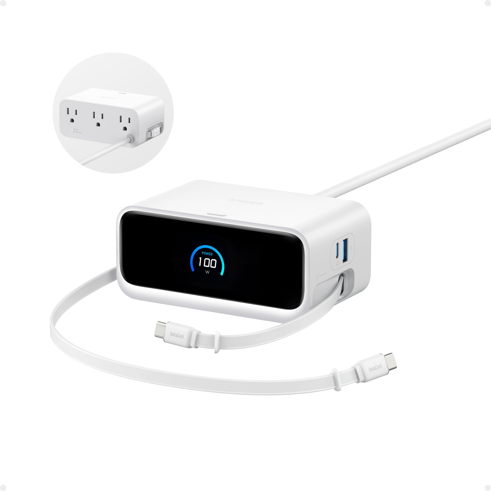 Anker Nano Charging Station, 100W 7-in-1 Power Strip, 2.3ft InstaCord Retractable Cable, Gaming Desk Accessories for Multiple Devices, 3 AC, 3 USB C, 1 USB A, MacBook Charger, Home Office(Non-Battery)