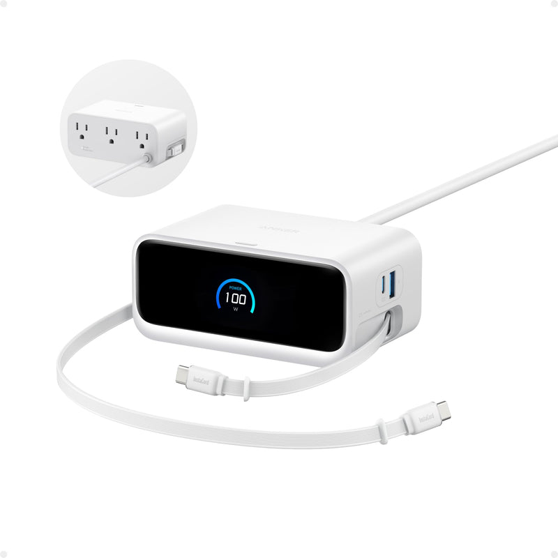 Anker Nano Charging Station, 100W 7-in-1 Power Strip, 2.3ft InstaCord Retractable Cable, Gaming Desk Accessories for Multiple Devices, 3 AC, 3 USB C, 1 USB A, MacBook Charger, Home Office(Non-Battery)