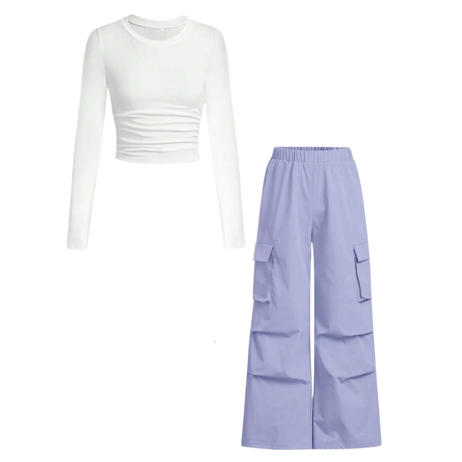 Azmxynol Girls Clothes 2 Piece Outfit Ribbed T-Shirt Top + Cargo Pants, Girls Fall Clothing Set, Sizes 5-16 Years