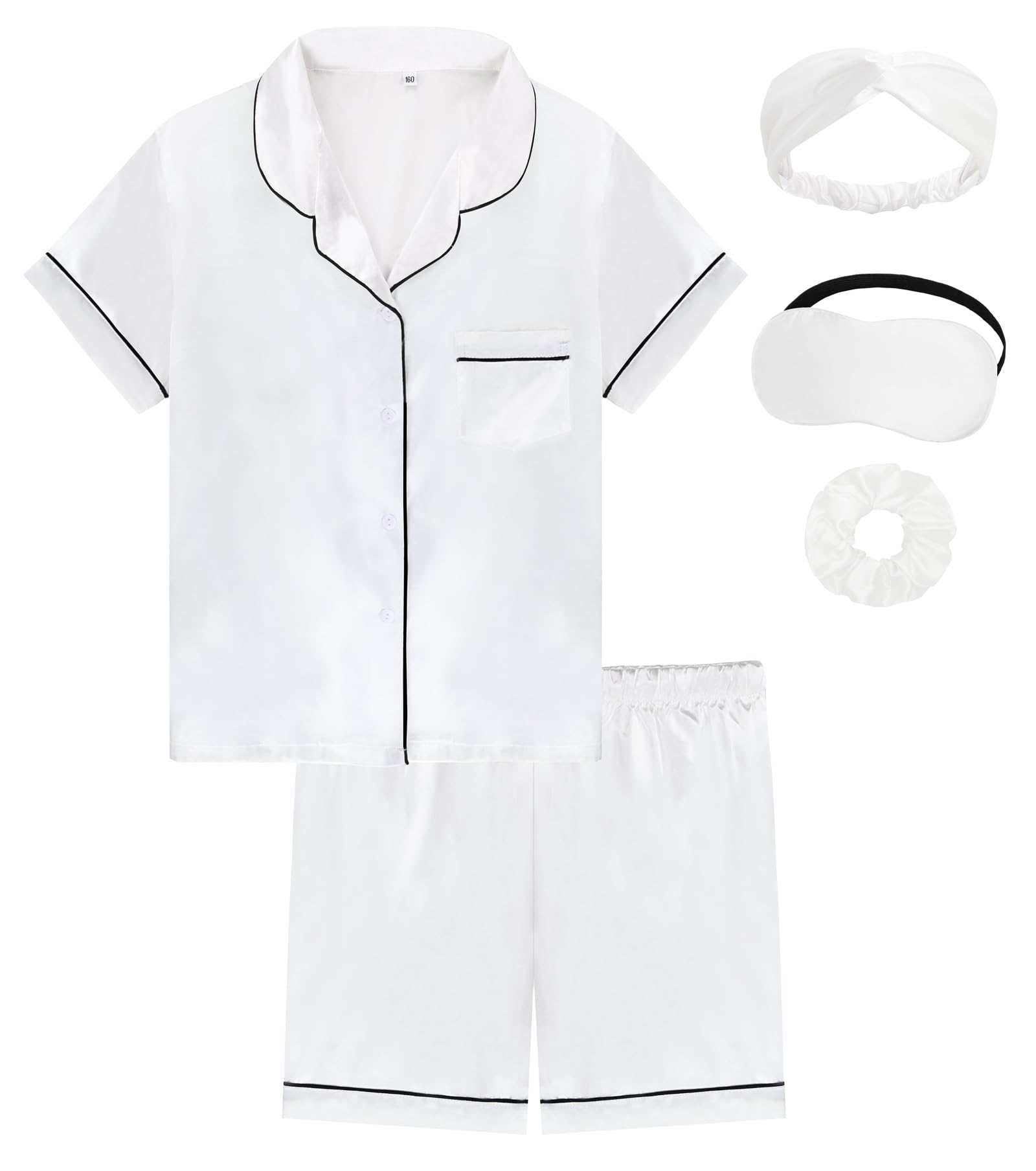 EPLAZA Kids Satin Pajamas Sets Girls Boys Button-Down Silky Pajamas Sleepwear with Hairband Eye Mask Hair Tie