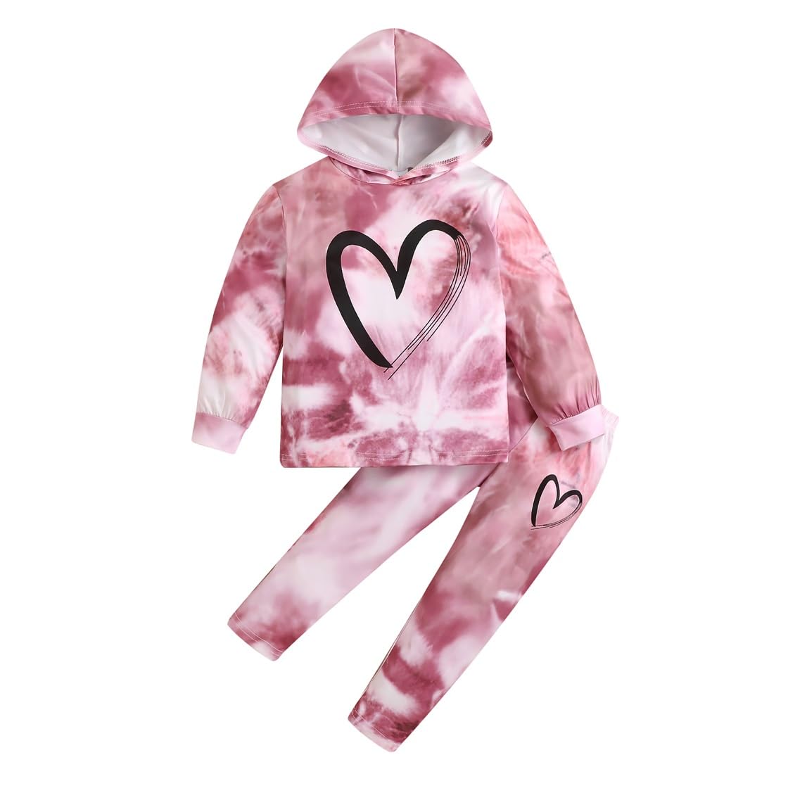 Toddler Baby Girls Clothes Long-sleeve Tie Dye Hoodie Pullover and Sweatpants Heart Print Hooded Outfits Set