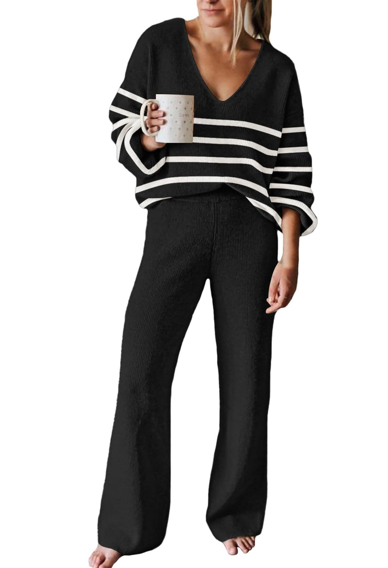 Viottiset Women's 2 Piece Outfits Casual V Neck Knit Wide Leg Sweater Lounge Set Sweatsuit-1