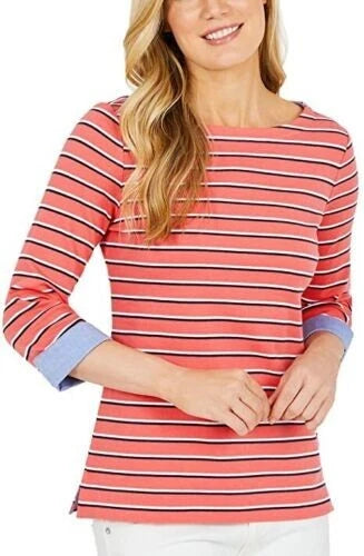 Nautica Women's 3/4 Cuffed Sleeve Chambray Casual Top, DREAM CORAL, Sz XXL